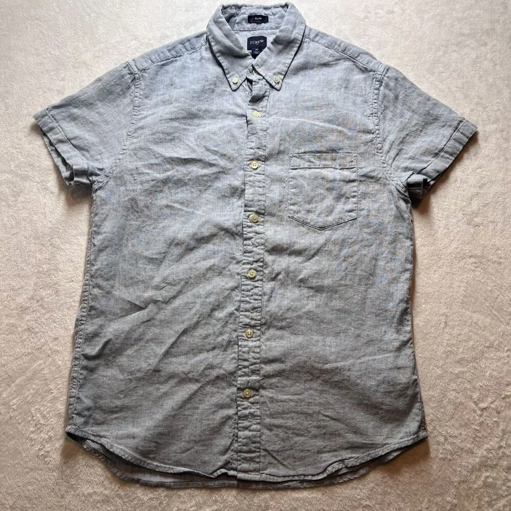 J Crew Mens Button Down Shirt Short Sleeve Linen Blend Slim M
